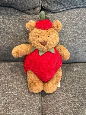 Jellycat Brown Bear Strawberry Plush with Red and Green Details